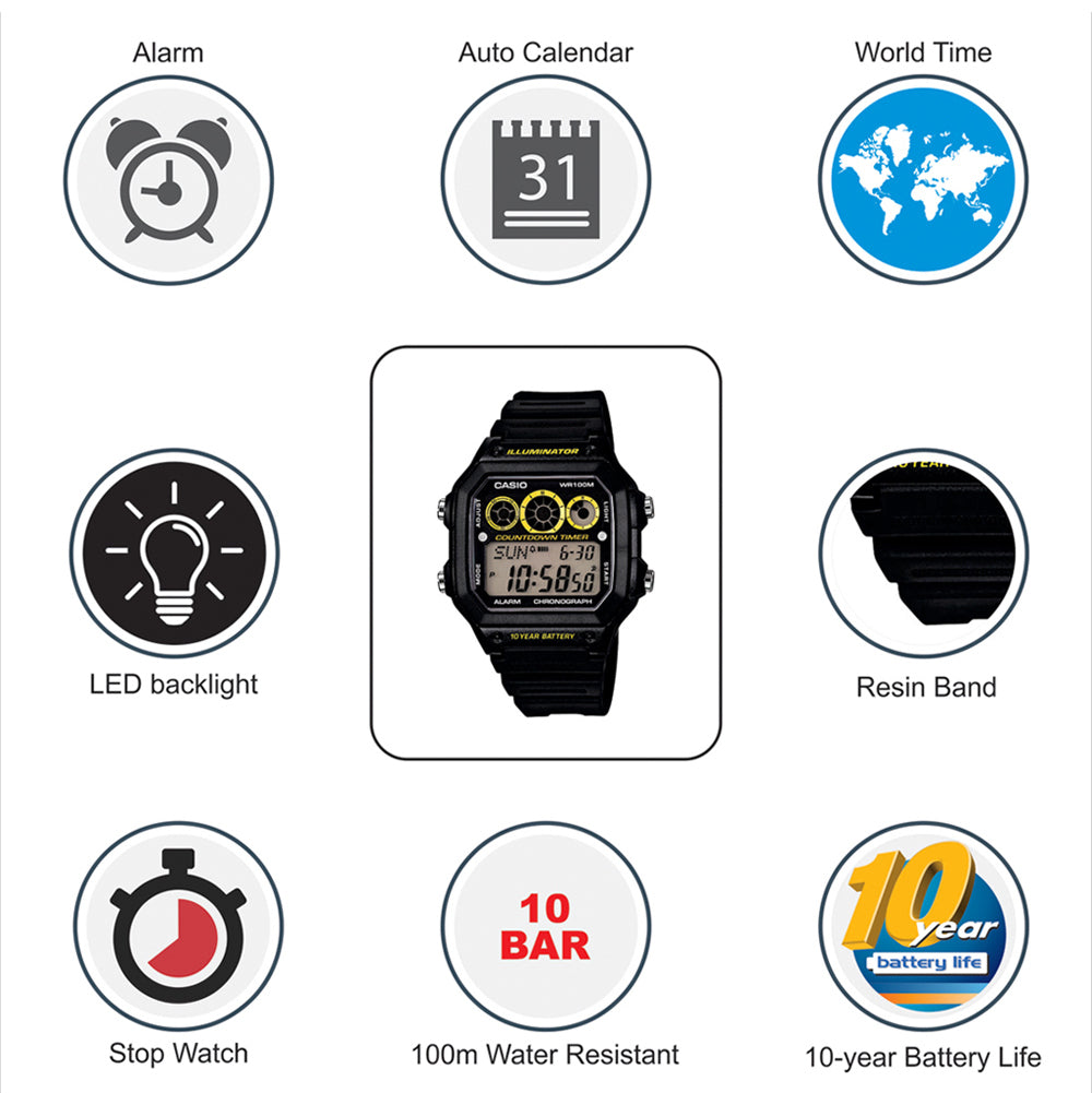 WW1416 Casio Youth Illuminator World Time Resin Belt Watch AE-1300WH-1AVDF