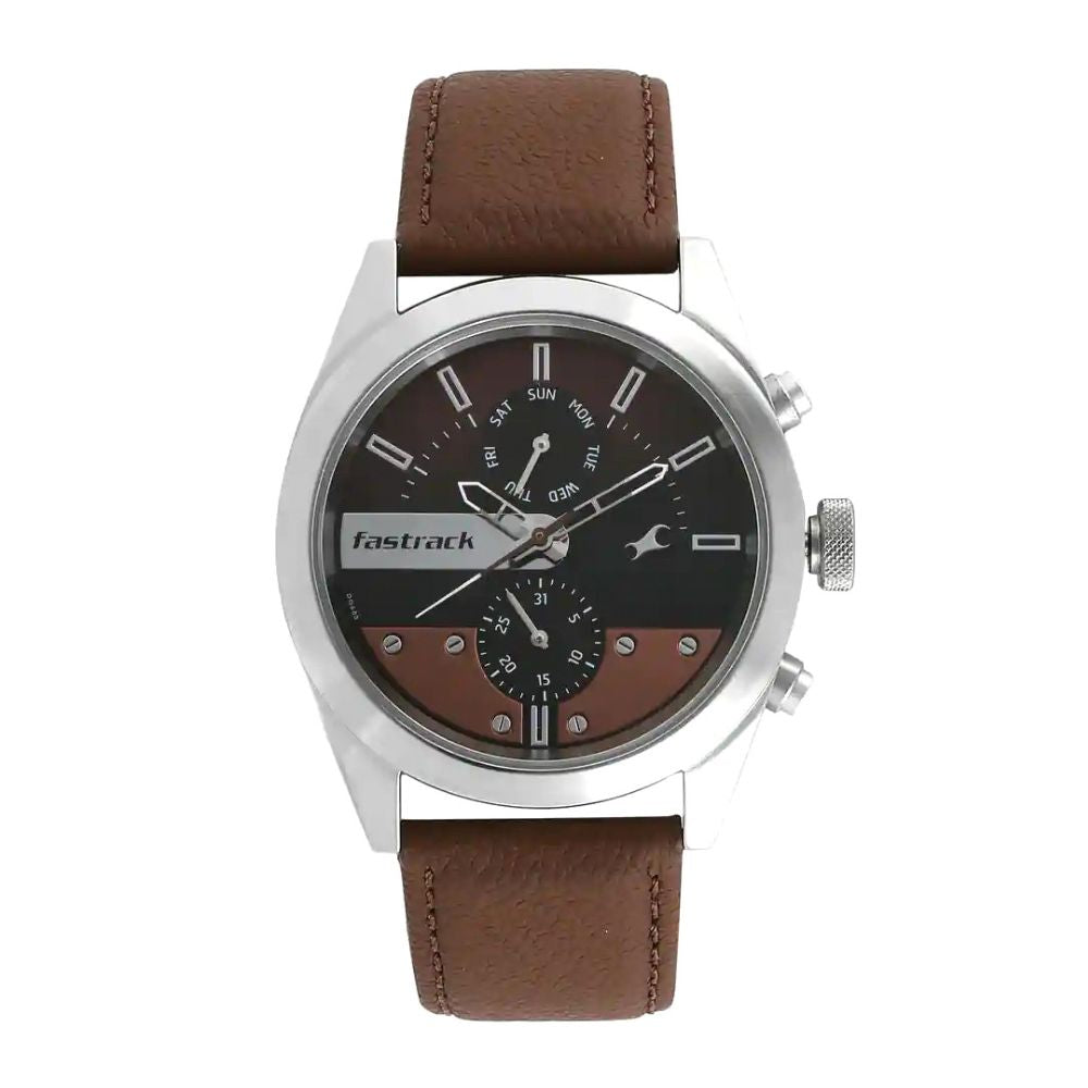 WW2043 Fastrack All Nighters Day Date Silver Leather Belt Watch 3165SL01