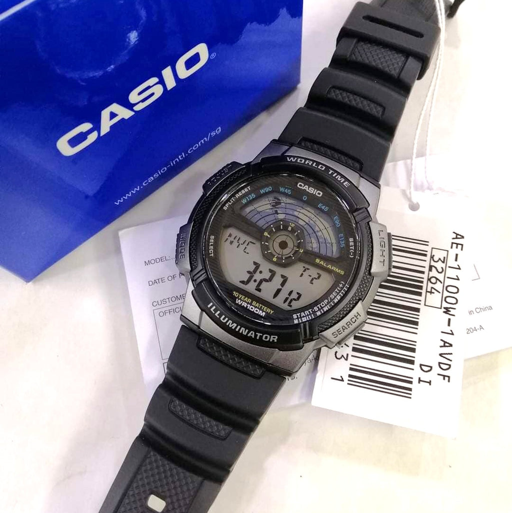 WW0396 Casio Youth World Time Digital Resin Belt Watch AE-1100W-1AVDF