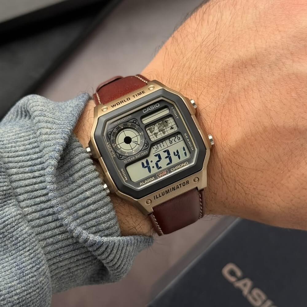 WW0418 Casio Youth World Time Digital Leather Belt Watch AE-1200WHL-5AVDF