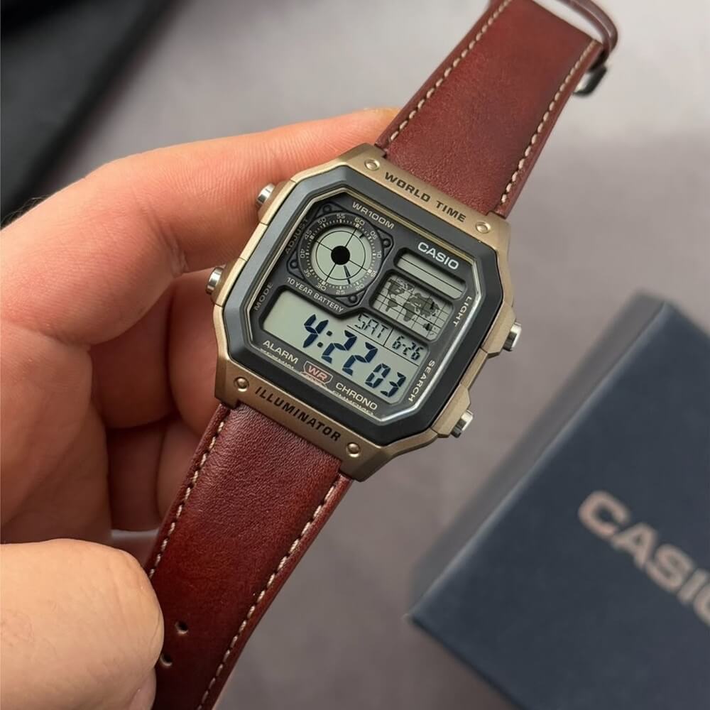 WW0418 Casio Youth World Time Digital Leather Belt Watch AE-1200WHL-5AVDF
