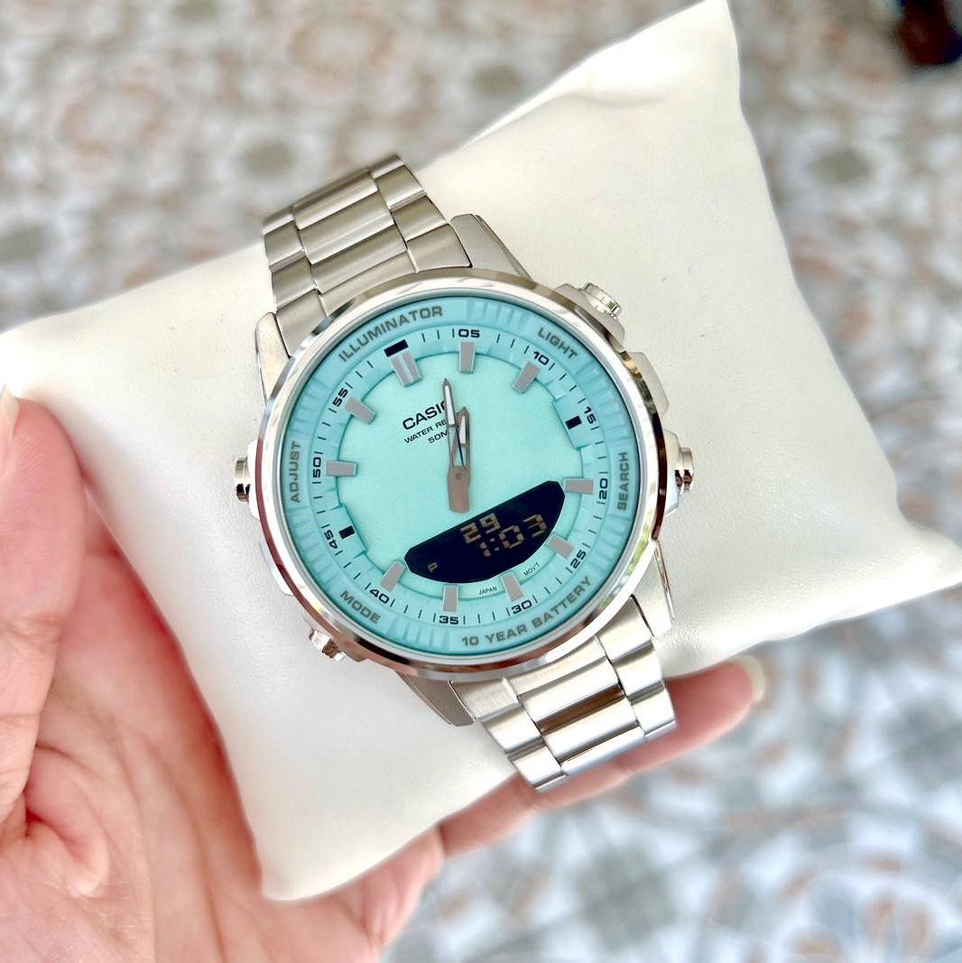 WW2607 Casio Standard Illuminator Dual Time Stainless Steel Chain Watch AMW-880D-2A2VDF