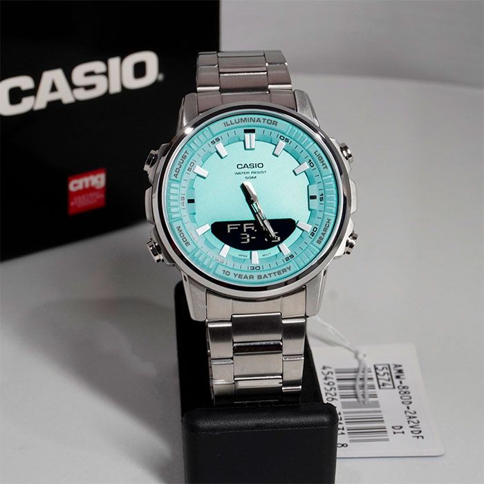 WW2607 Casio Standard Illuminator Dual Time Stainless Steel Chain Watch AMW-880D-2A2VDF