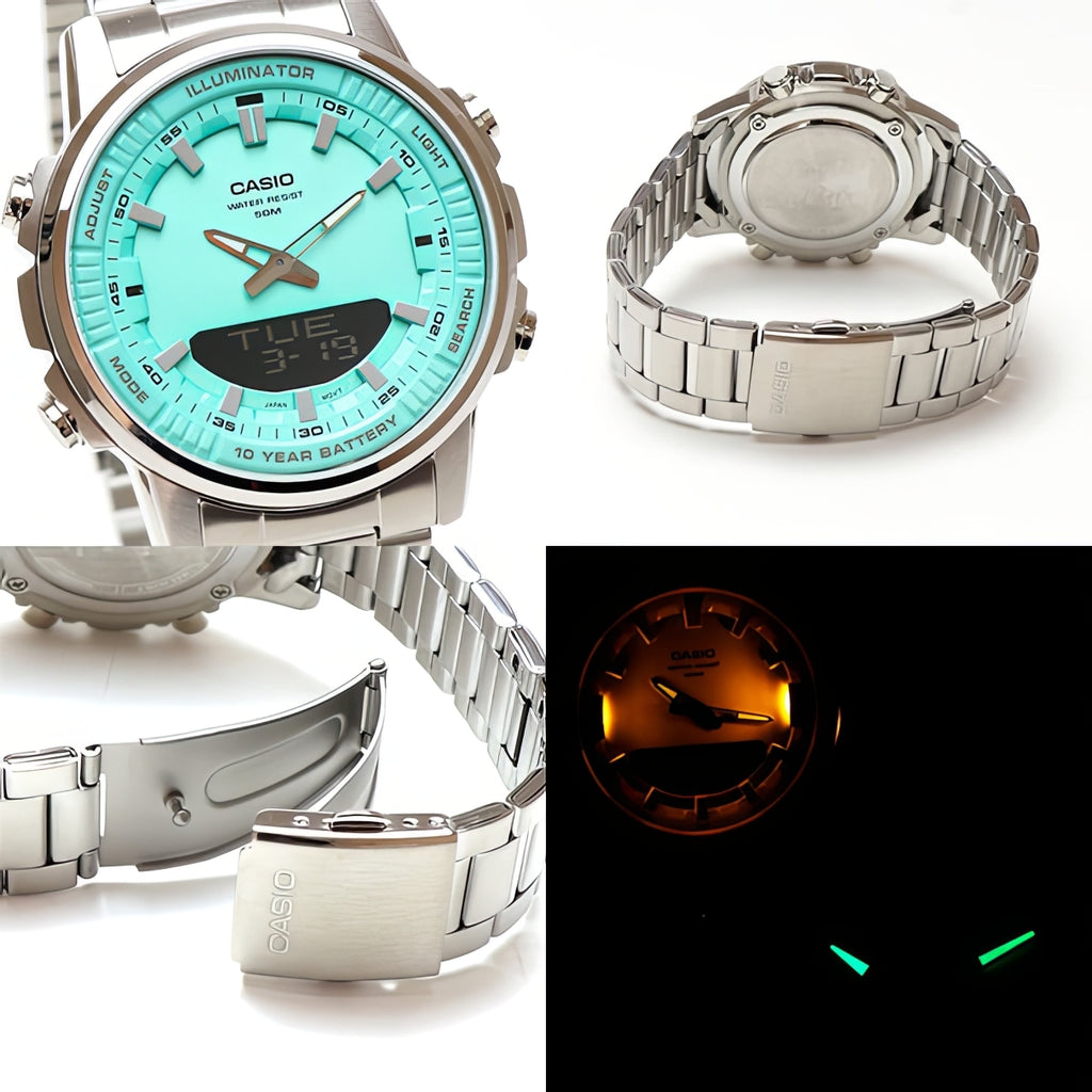 WW2607 Casio Standard Illuminator Dual Time Stainless Steel Chain Watch AMW-880D-2A2VDF