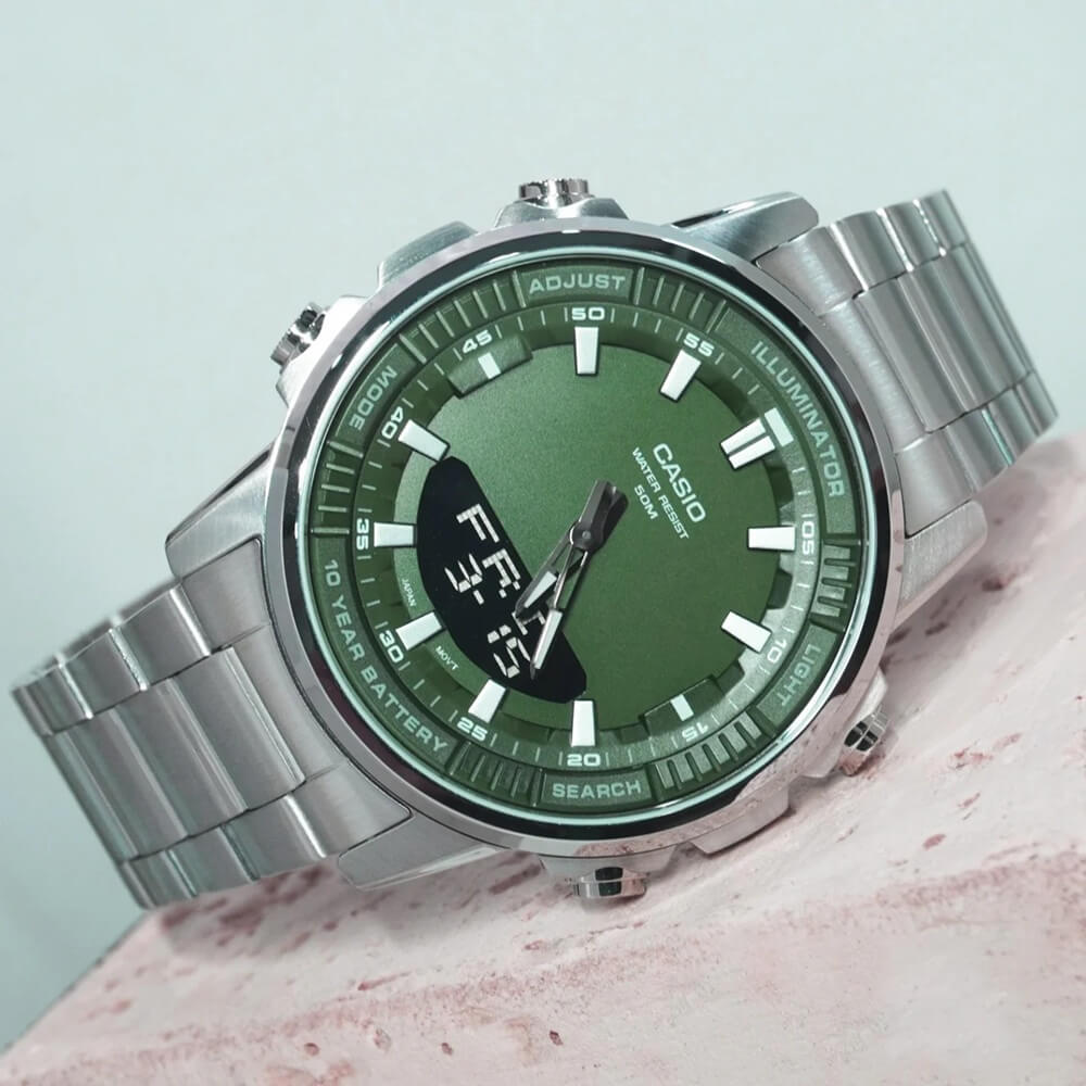 WW2608 Casio Standard Illuminator Dual Time Stainless Steel Chain Watch AMW-880D-3AVDF