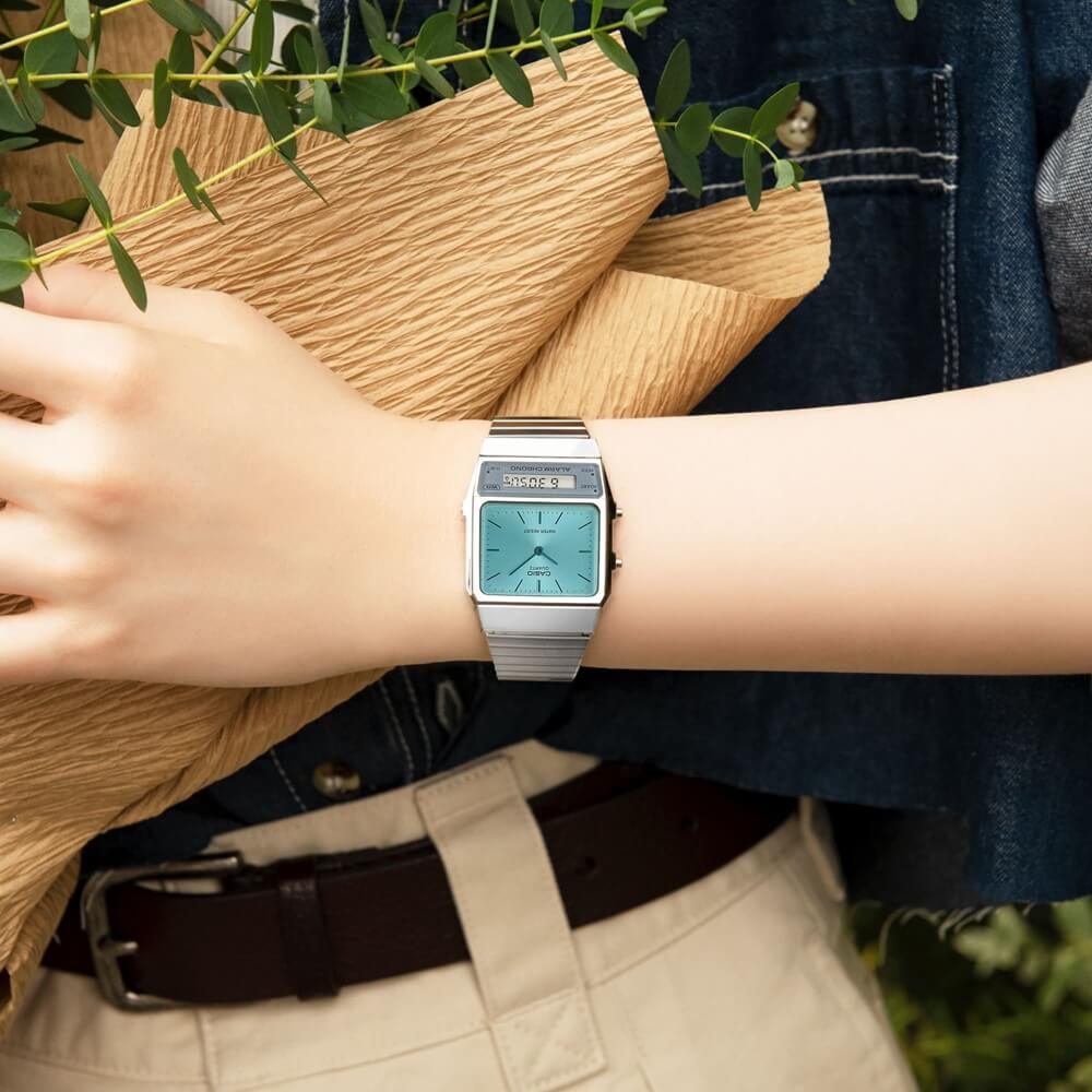 WW2091 Casio Vintage Dual Time Silver Chain Watch AQ-800EC-2ADF