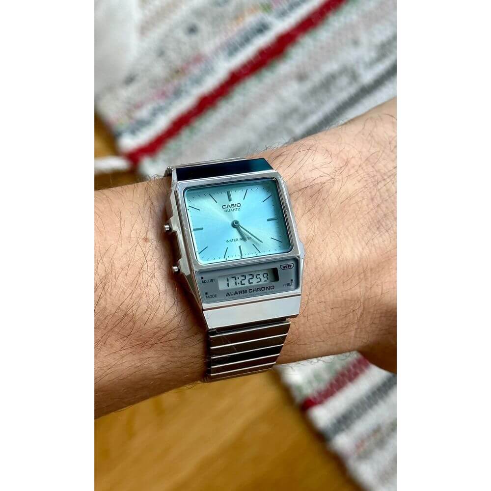 WW2091 Casio Vintage Dual Time Silver Chain Watch AQ-800EC-2ADF