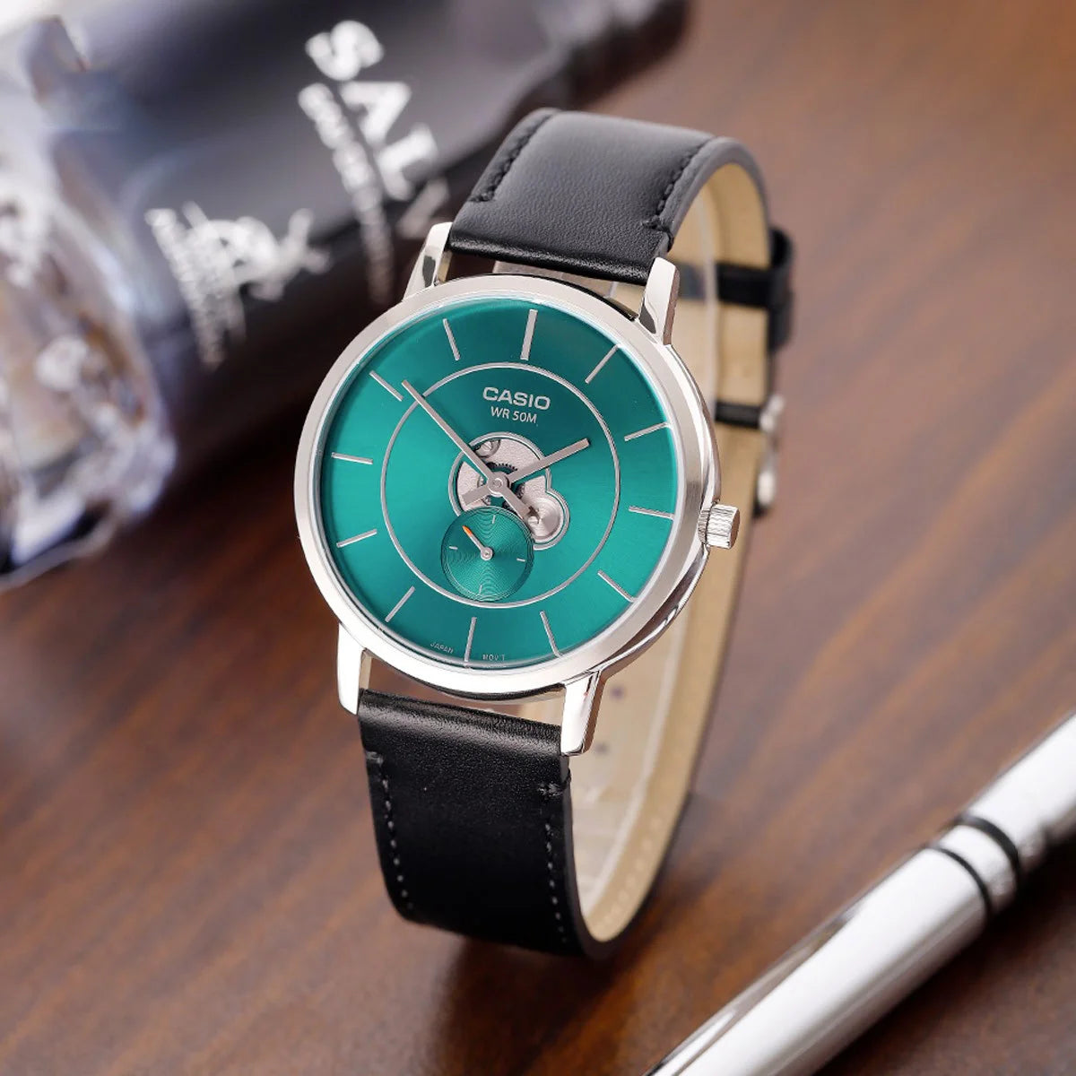 WW2971 Casio Enticer Side Second Leather Belt Watch MTP-B130L-3AVDF