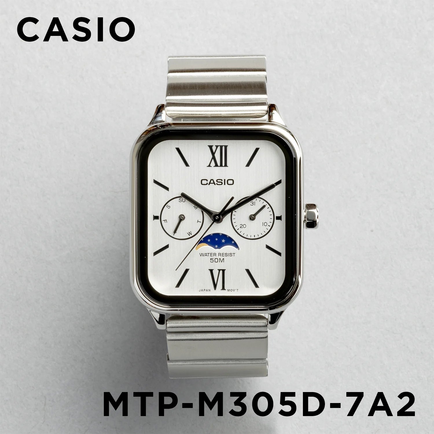 WW2884 Casio Standard Moon Phase Day Date Chain Watch MTP-M305D-7A2VDF