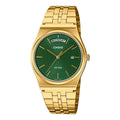 Gold Casio watch with green dial on a white background