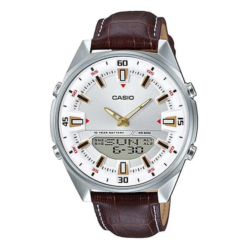 WW0213 Casio Enticer Dual Time Stainless Steel Leather Belt Watch AMW-830L-7AVDF