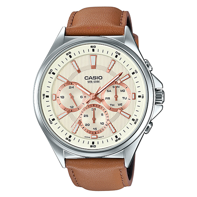 WW0598 Casio Enticer Multifunction Stainless Steel Silver Leather Belt Watch MTP-E303L-9AVDF