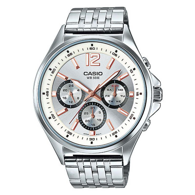 WW0467 Casio Enticer Multifunction Stainless Steel Silver Chain Watch MTP-E303D-7AVDF