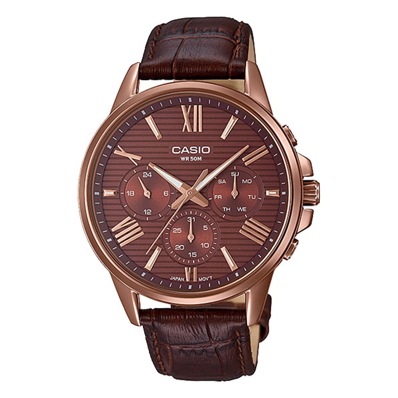 WW0355 Casio Enticer Multifunction Rose Gold Leather Belt Watch MTP-EX300RL-5AVDF
