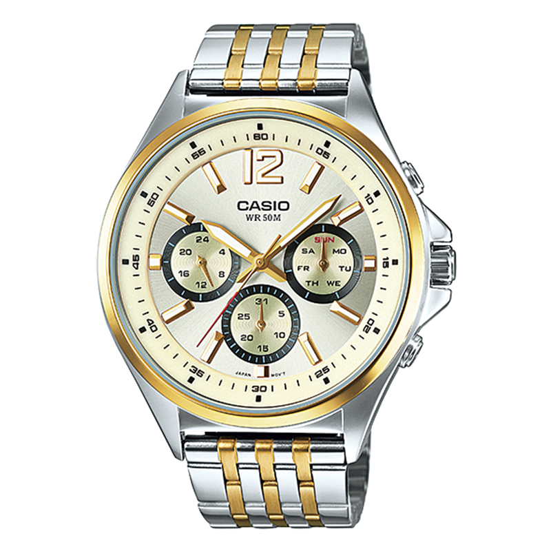WW0593 Casio Enticer Multifunction Stainless Steel Two Tone Chain Watch MTP-E303SG-9AVDF