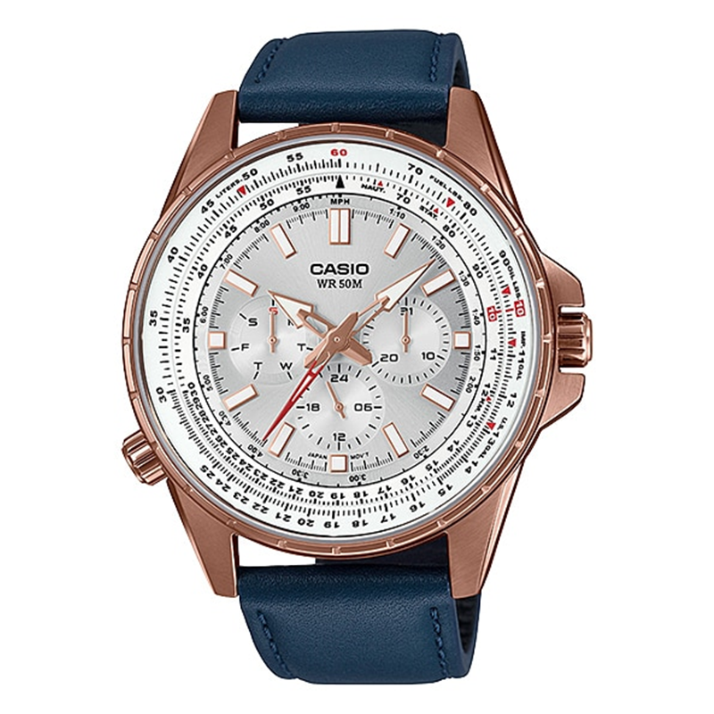 WW0242 Casio Enticer Sweep Second Rose Gold Leather Belt Watch MTP-SW320RL-7AVDF