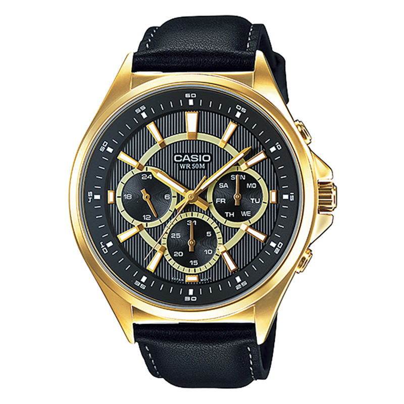 WW0594 Casio Enticer Multifunction Stainless Steel Golden Leather Belt Watch MTP-E303GL-1AVDF