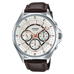 WW0597 Casio Enticer Multifunction Stainless Steel Silver Leather Belt Watch MTP-E303L-7AVDF