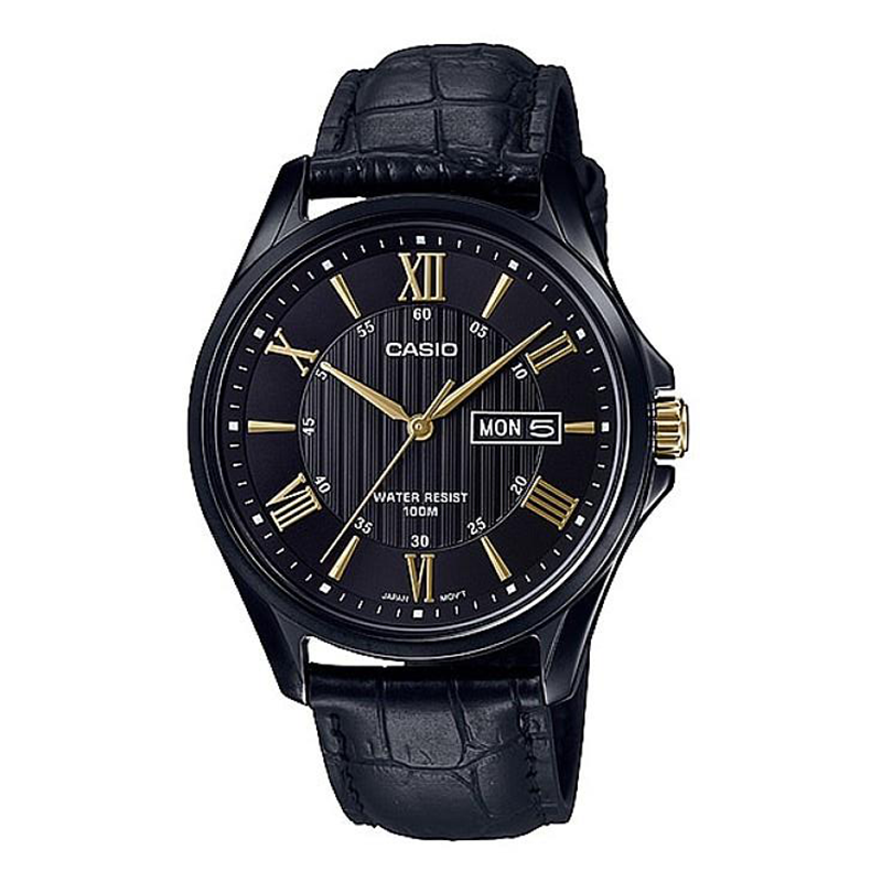 WW1120 Casio Enticer Day Date Black Leather Belt Watch MTP-1384BL-1AVDF