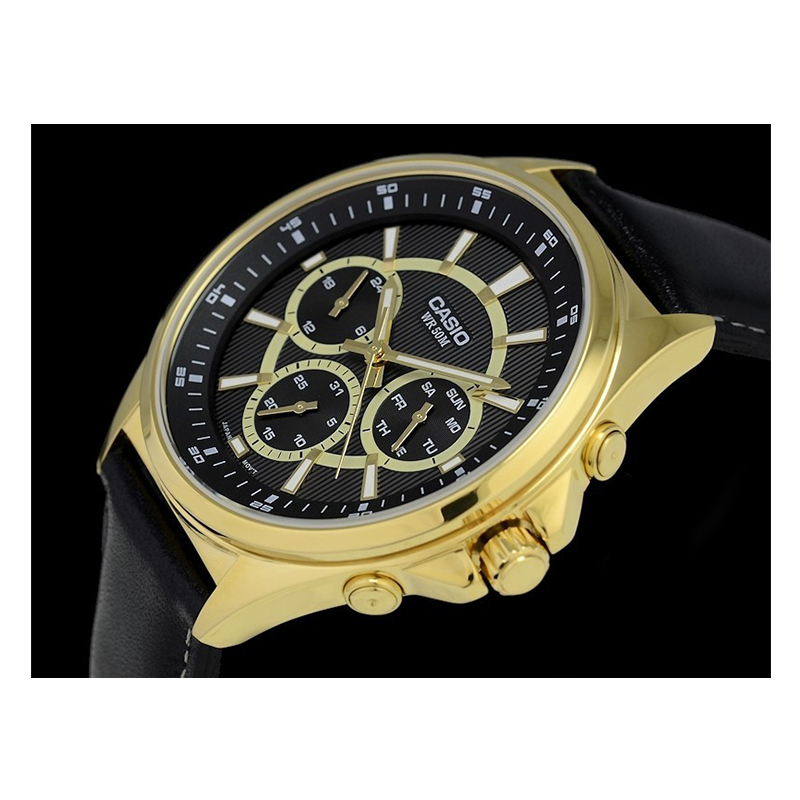 WW0594 Casio Enticer Multifunction Stainless Steel Golden Leather Belt Watch MTP-E303GL-1AVDF