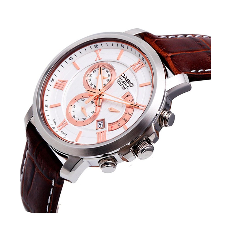 WW0377 Casio Beside Chronograph Stainless Steel Leather Belt Watch BEM-507L-7AVDF