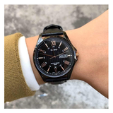 WW1121 Casio Enticer Day Date Black Leather Belt Watch MTP-1384BL-1A2VDF