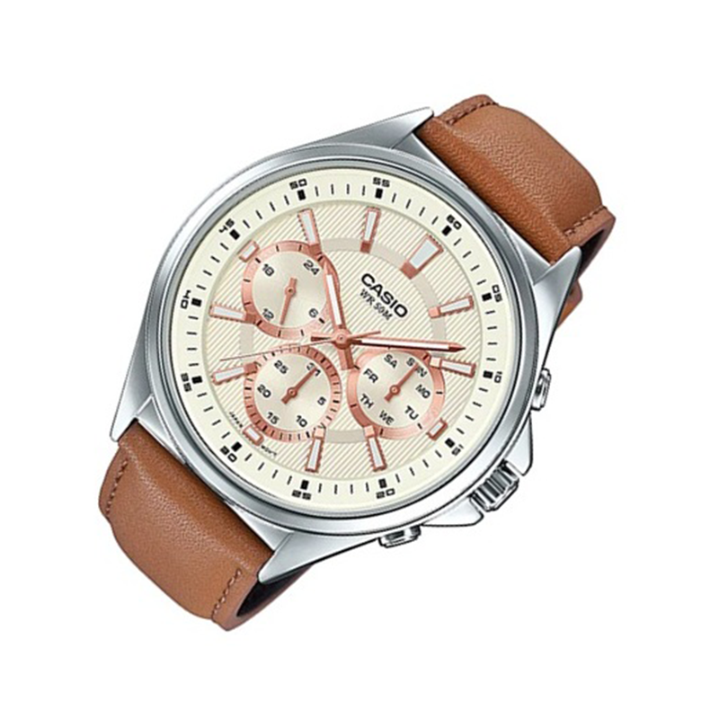 WW0598 Casio Enticer Multifunction Stainless Steel Silver Leather Belt Watch MTP-E303L-9AVDF