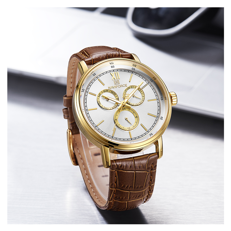 WW1010 Naviforce Sweep Second Multifunction Leather Belt Watch NF3002M