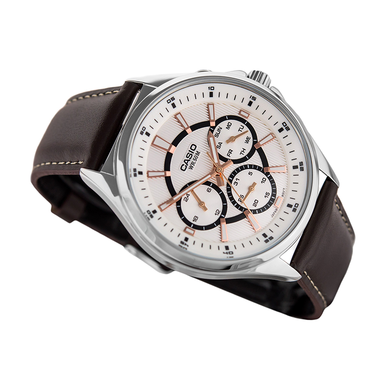 WW0597 Casio Enticer Multifunction Stainless Steel Silver Leather Belt Watch MTP-E303L-7AVDF