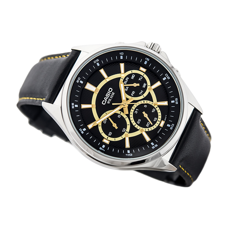 WW0596 Casio Enticer Multifunction Stainless Steel Silver Leather Belt Watch MTP-E303L-1AVDF