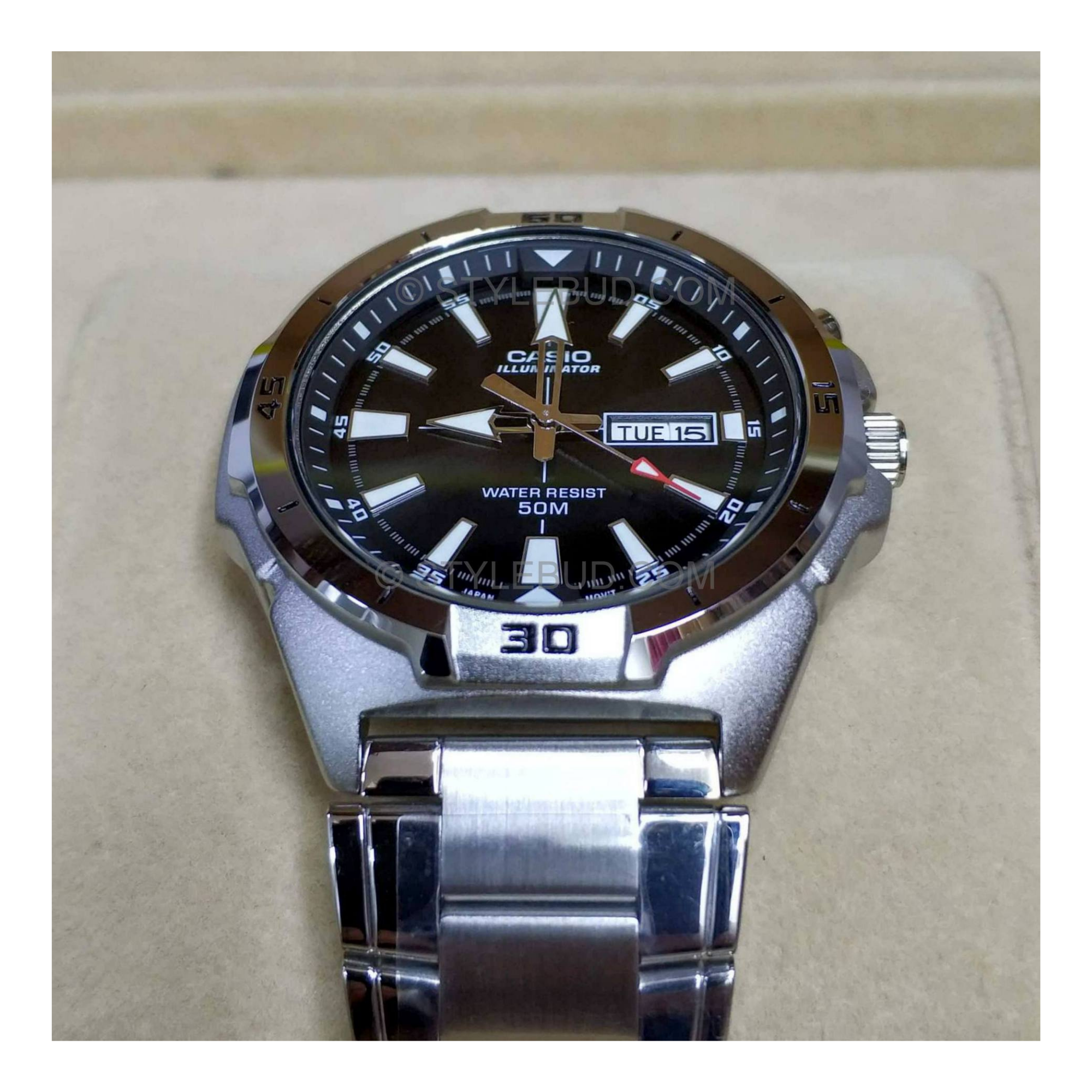 WW0102 Casio Enticer Day Date Illuminator Chain Watch MTP-E203D-1AVDF