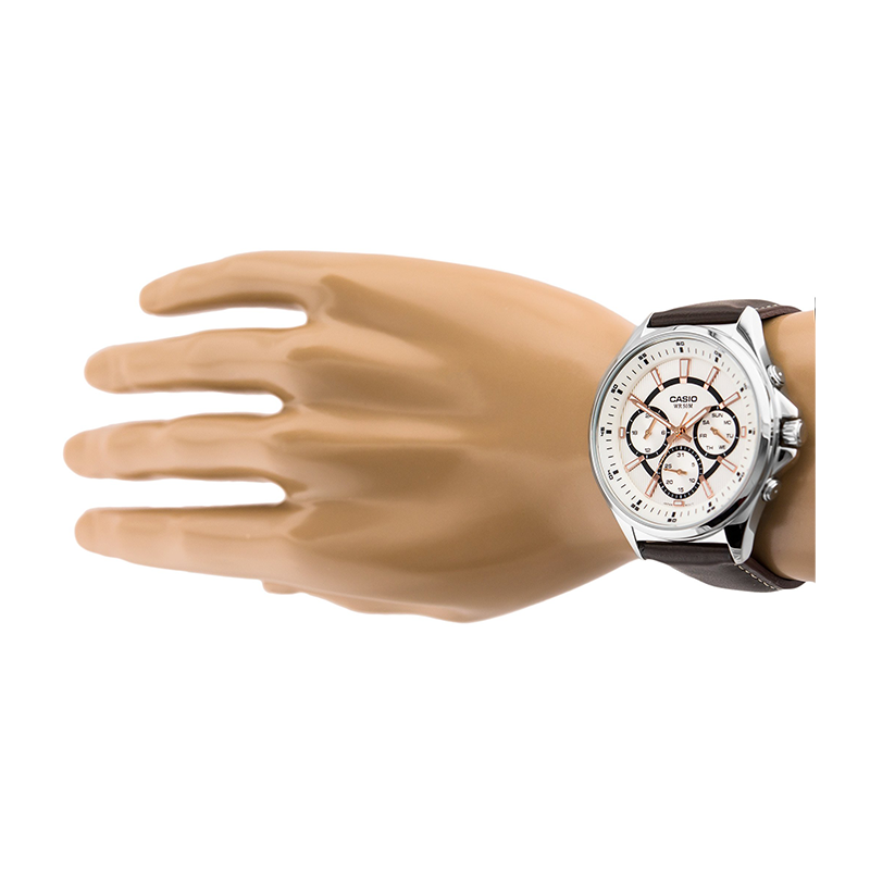 WW0597 Casio Enticer Multifunction Stainless Steel Silver Leather Belt Watch MTP-E303L-7AVDF