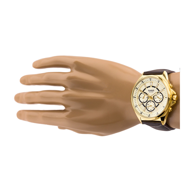 WW0595 Casio Enticer Multifunction Stainless Steel Golden Leather Belt Watch MTP-E303GL-9AVDF