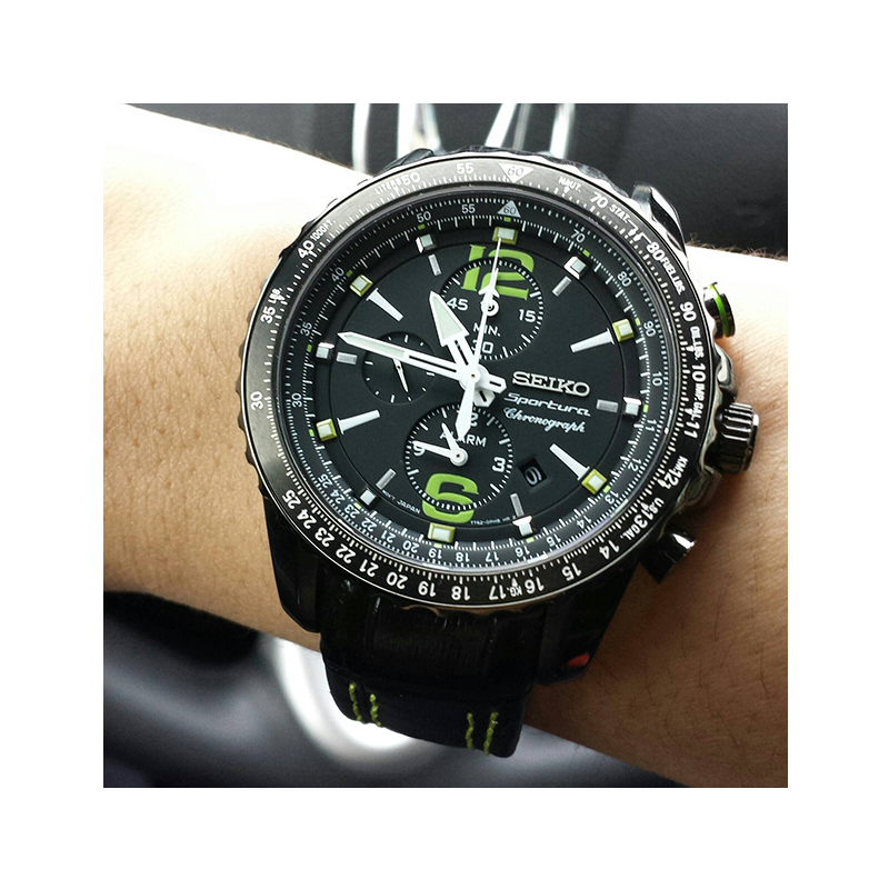 WW0888 Seiko Chronograph Green Indices Belt Watch SNAE97J1
