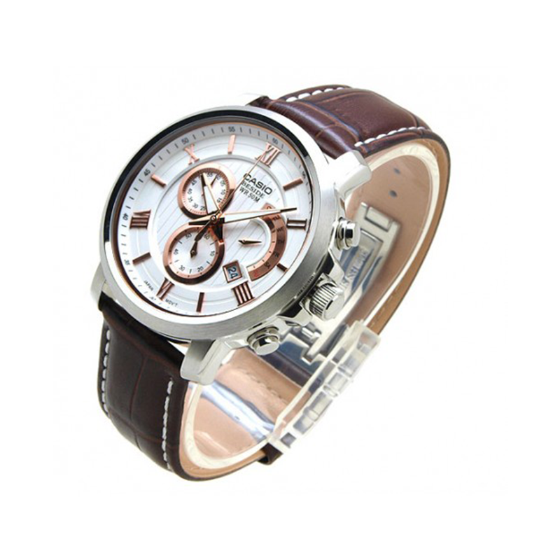 WW0377 Casio Beside Chronograph Stainless Steel Leather Belt Watch BEM-507L-7AVDF