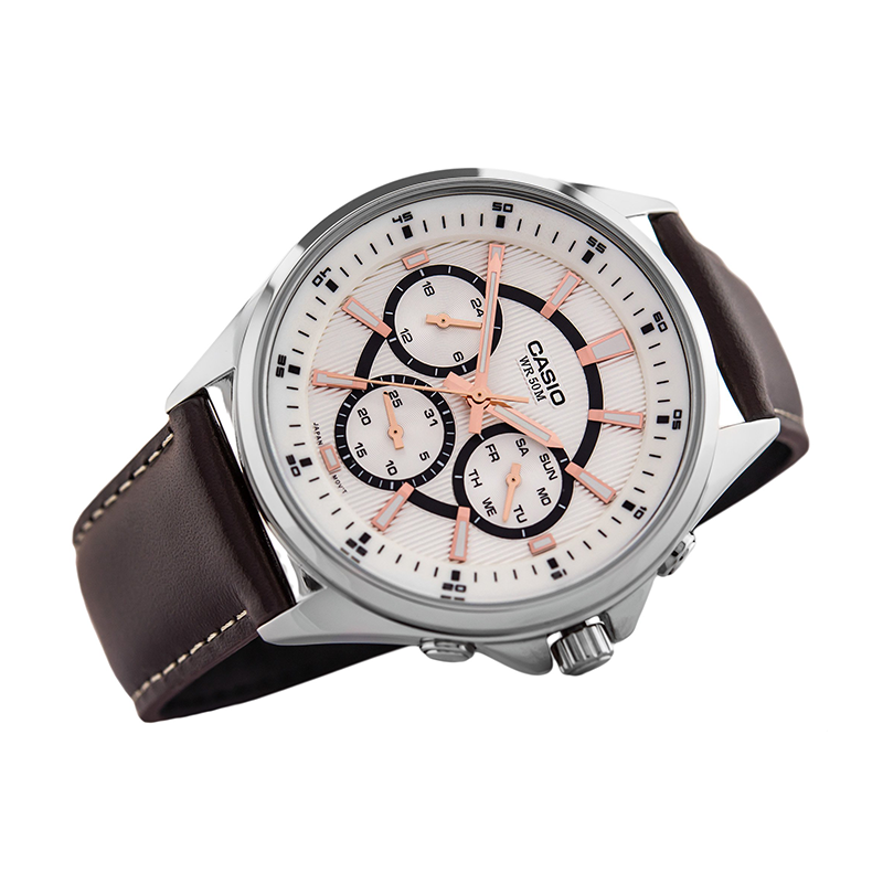 WW0597 Casio Enticer Multifunction Stainless Steel Silver Leather Belt Watch MTP-E303L-7AVDF
