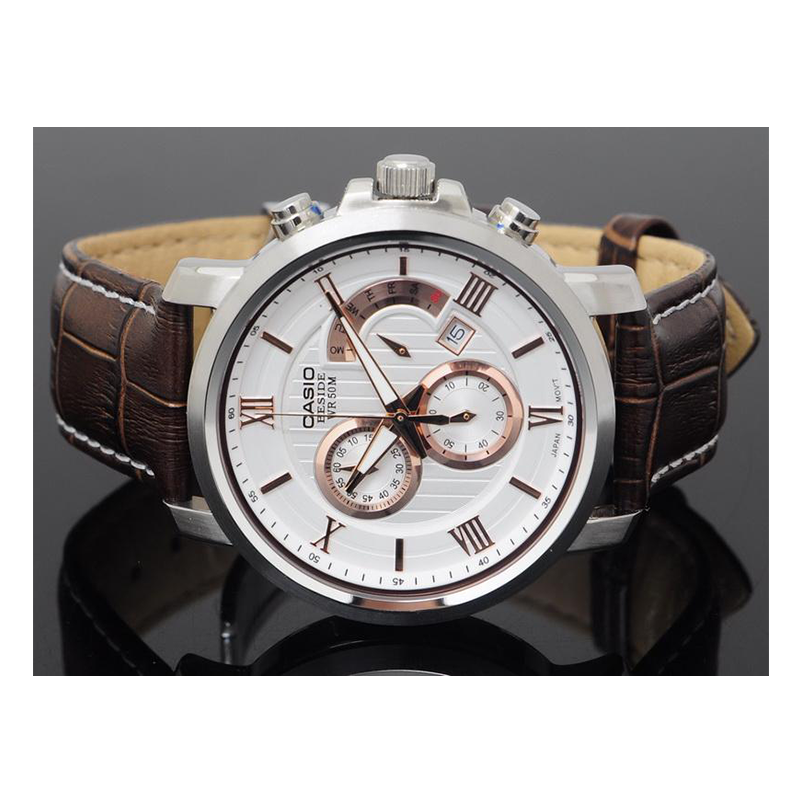 WW0377 Casio Beside Chronograph Stainless Steel Leather Belt Watch BEM-507L-7AVDF
