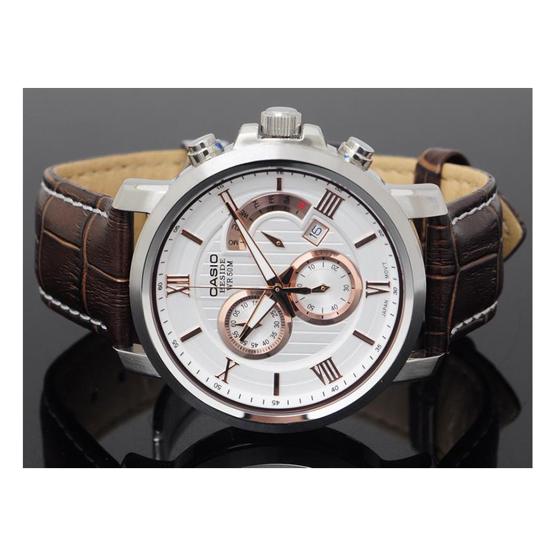 WW0377 Casio Beside Chronograph Date Leather Belt Watch BEM-507L-7AV