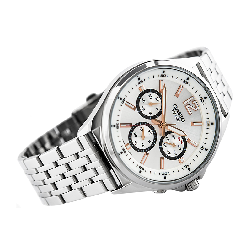 WW0467 Casio Enticer Multifunction Stainless Steel Silver Chain Watch MTP-E303D-7AVDF