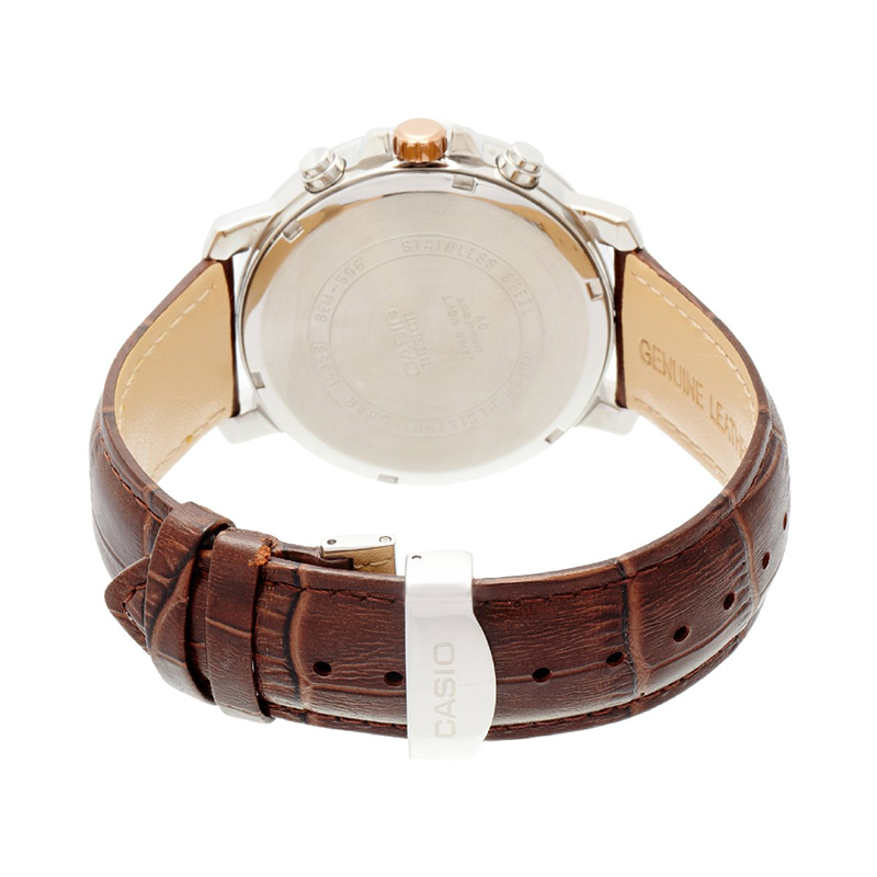 WW0442 Casio Beside Chronograph Stainless Steel Leather Belt Watch BEM-506GL-1AVDF