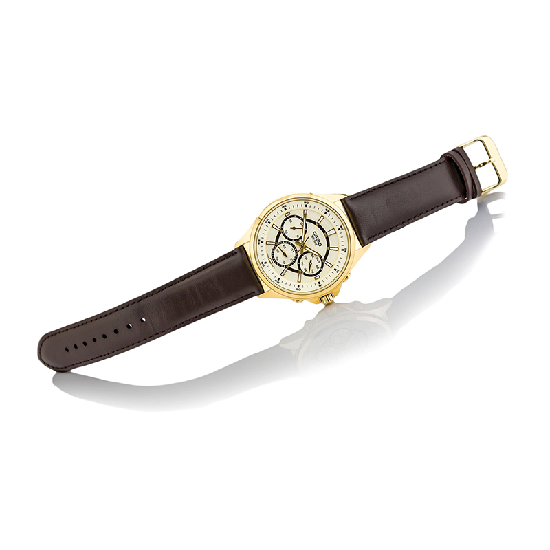 WW0595 Casio Enticer Multifunction Stainless Steel Golden Leather Belt Watch MTP-E303GL-9AVDF