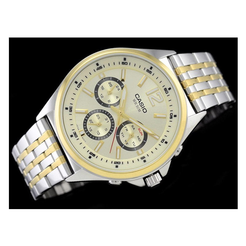 WW0593 Casio Enticer Multifunction Stainless Steel Two Tone Chain Watch MTP-E303SG-9AVDF