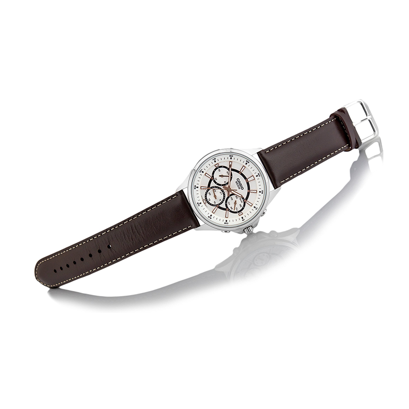 WW0597 Casio Enticer Multifunction Stainless Steel Silver Leather Belt Watch MTP-E303L-7AVDF
