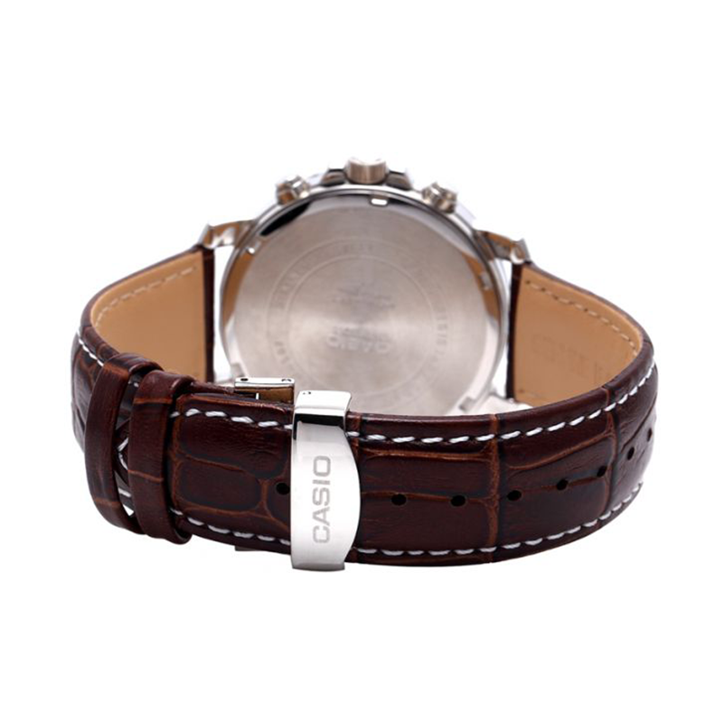 WW0377 Casio Beside Chronograph Stainless Steel Leather Belt Watch BEM-507L-7AVDF