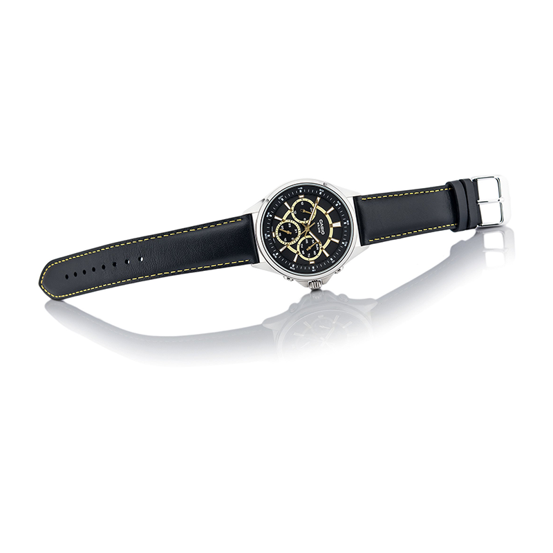 WW0596 Casio Enticer Multifunction Stainless Steel Silver Leather Belt Watch MTP-E303L-1AVDF