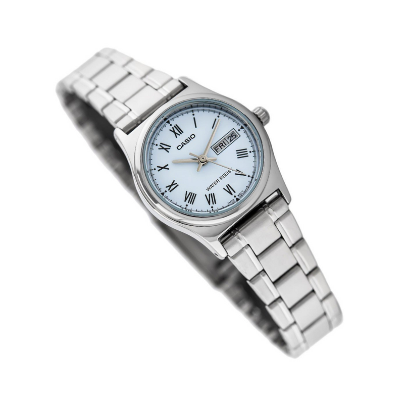 WW1344 Casio Enticer Day Date Silver Ladies Chain Watch LTP-V006D-2BUDF