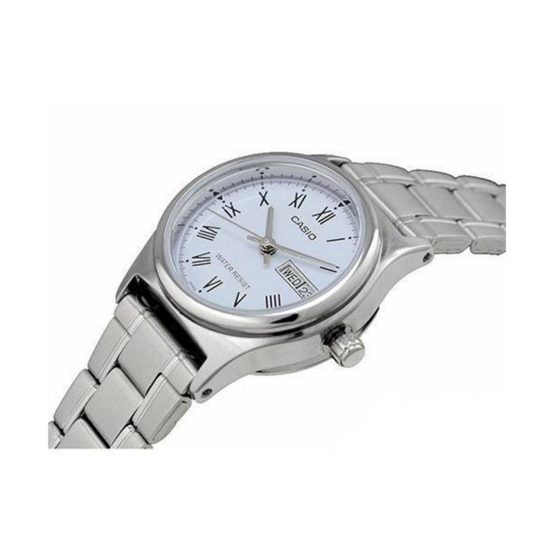 WW1344 Casio Enticer Day Date Silver Ladies Chain Watch LTP-V006D-2BUDF