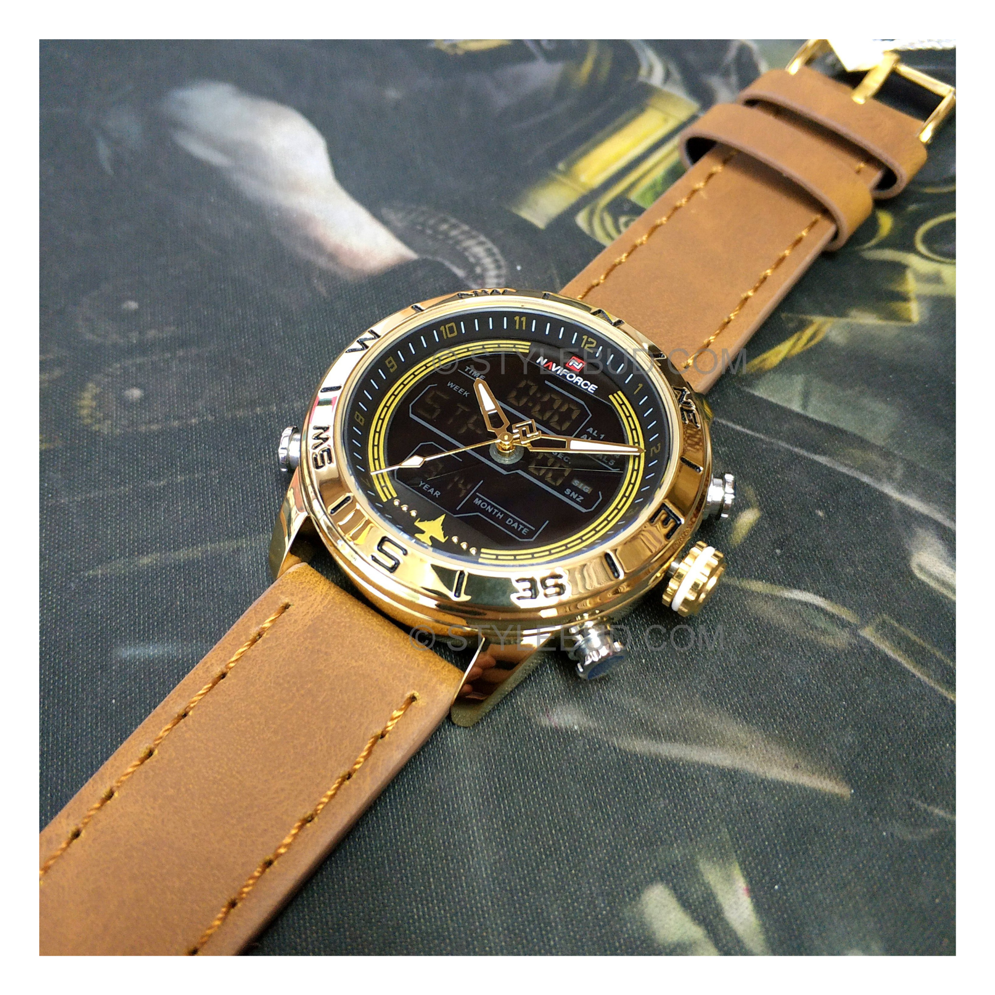 WW1374 Naviforce Multifunction Dual Time Leather Belt Watch NF9144M