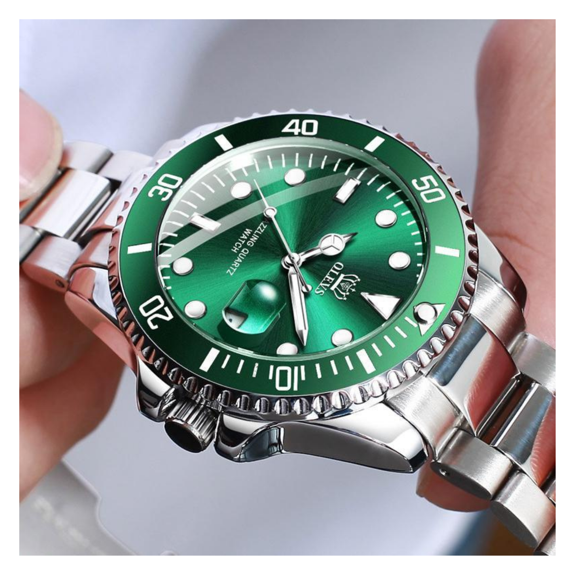 WW1389 Olevs 5885G Silver Green Watch 