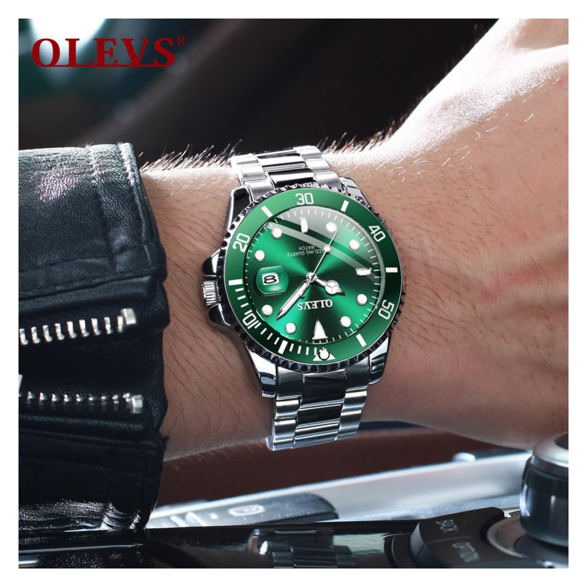 WW1389 Olevs 5885G Silver Green Watch 